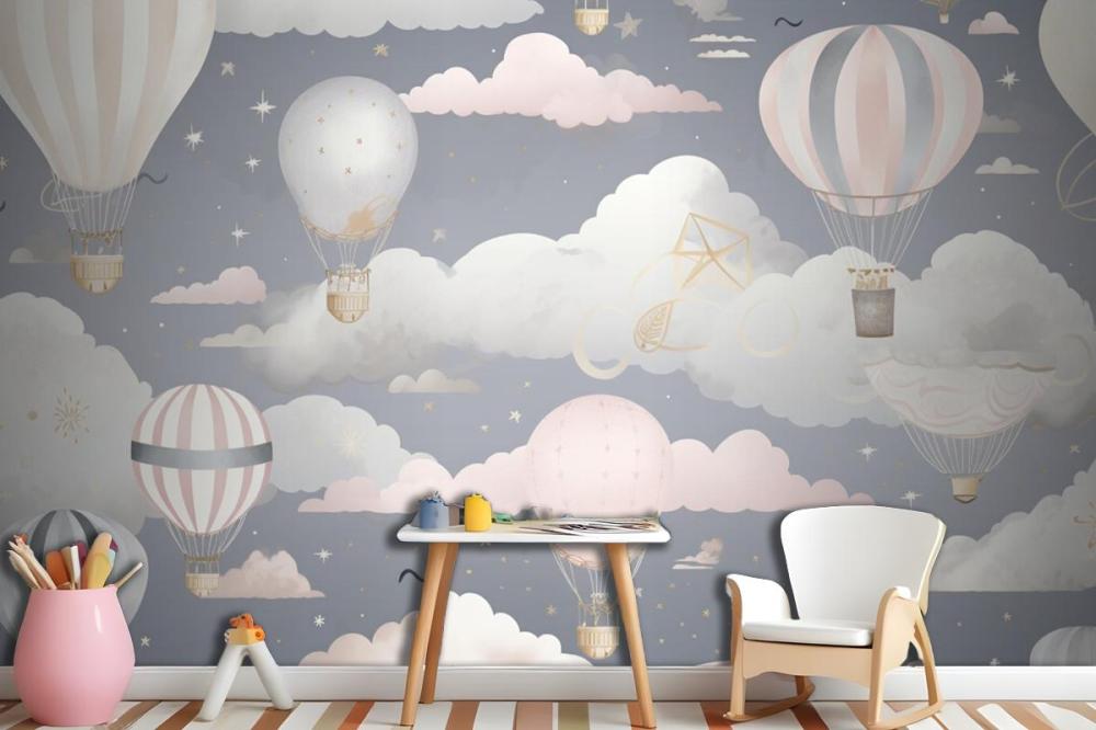 Hot Air Balloons Flying In The Sky With Clouds Wallpaper Mural