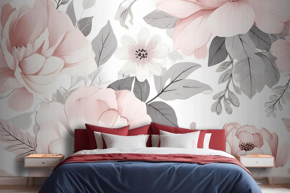 Large Pink And Gray Floral Pattern With Various Wallpaper Mural