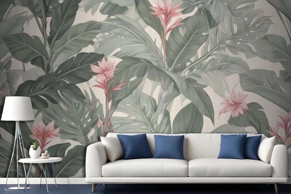 Light Background Large Green Leaves Pink Flowers Tropical Foliage Pattern Wallpaper Mural