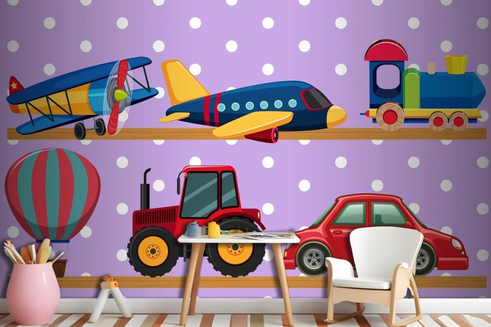 Many Transportation Toys On Wooden Shelves Wallpaper Mural