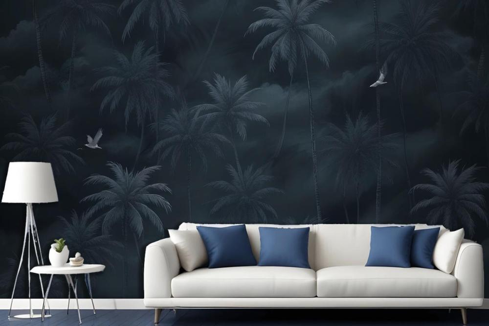 Moody Stormy Sky Dark Tropical Palm Trees Silhouettes Birds Wallpaper Mural