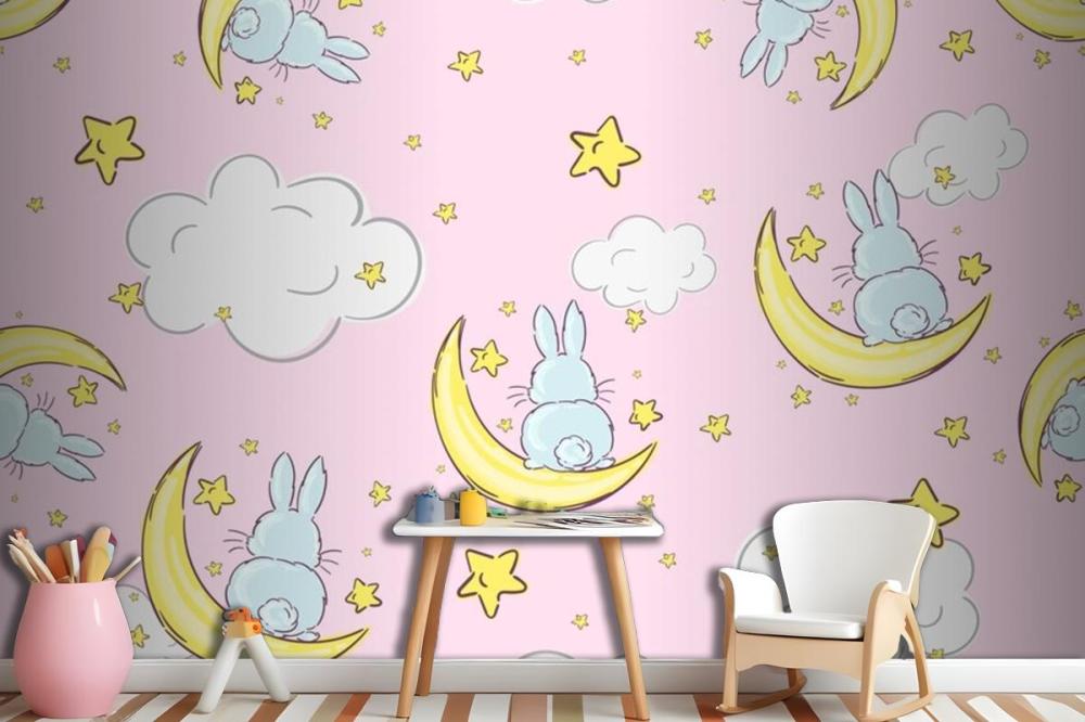 Night Sky Doodle Pattern With Cute Rabbits Sitting On Moons And Stars Seamless Wallpaper Mural