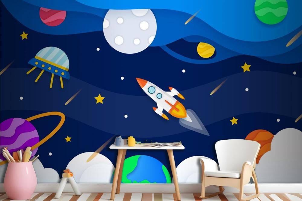 Paper Style Galaxy With Rocket Wallpaper Mural