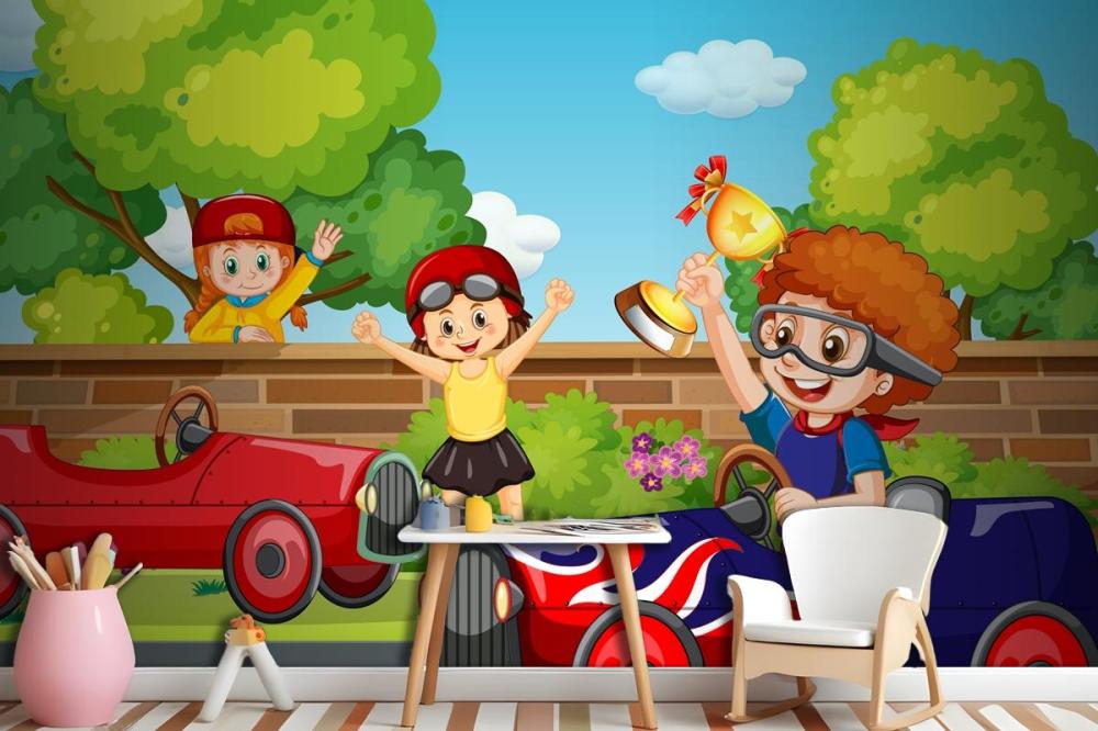 Park Scene With Children Racing Car Wallpaper Mural