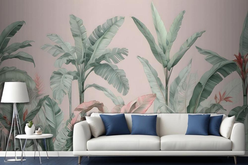 Pastel Pink & Green Vintage Tropical Wallpaper Mural