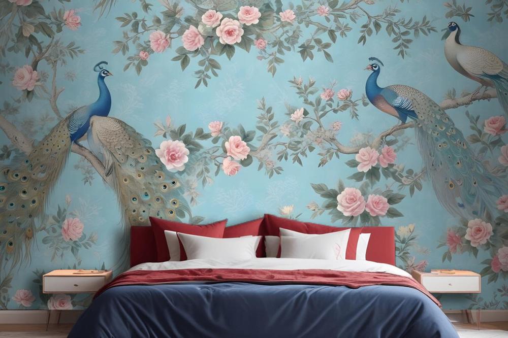 Peacock With Peony Blossom Wallpaper Mural