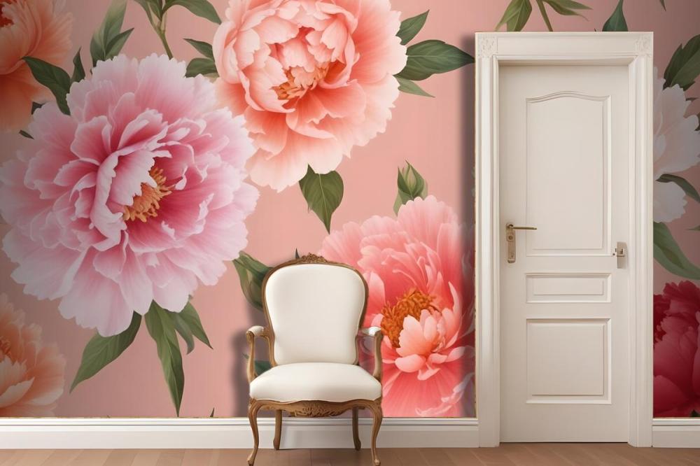 Pink And Peach Peonies With Green Leaves On A Light Pink Wallpaper Mural