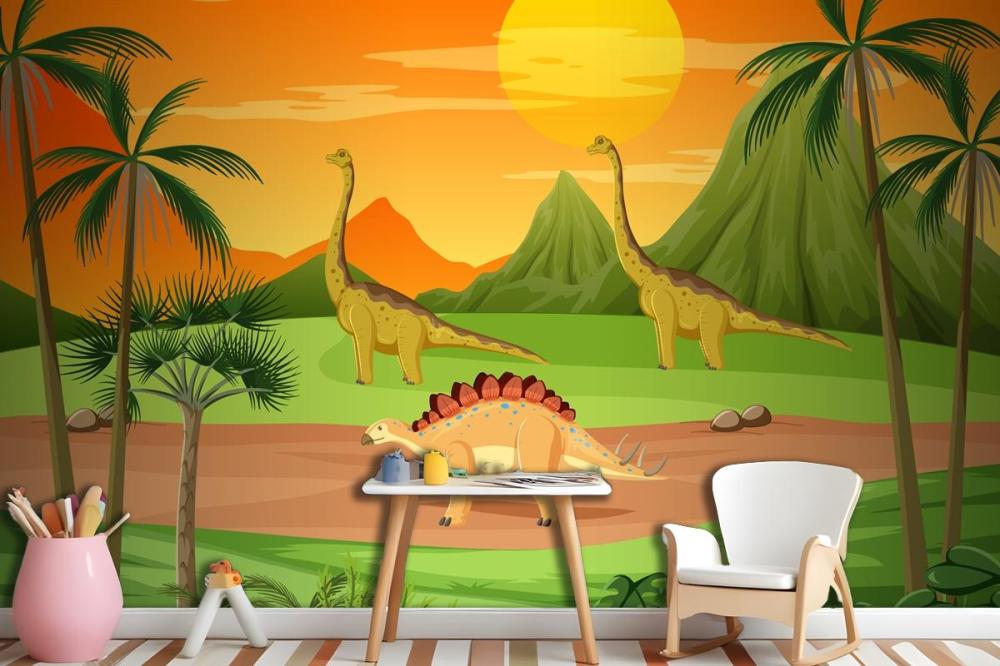 Prehistoric Forest With Dinosaur Cartoon Wallpaper Mural