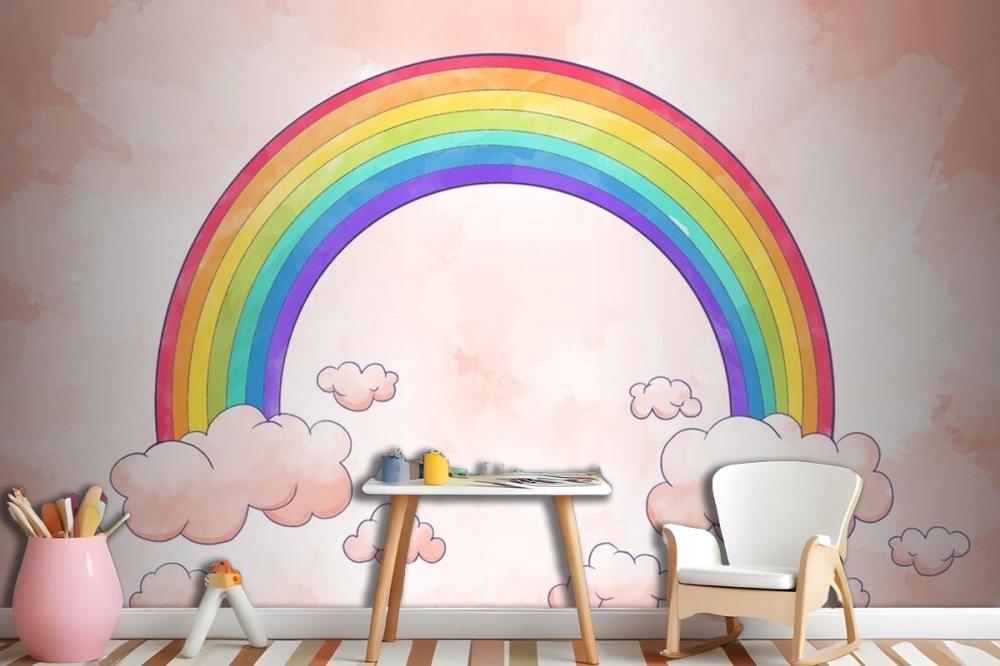 Rainbow With Clouds Watercolor Style Wallpaper Mural
