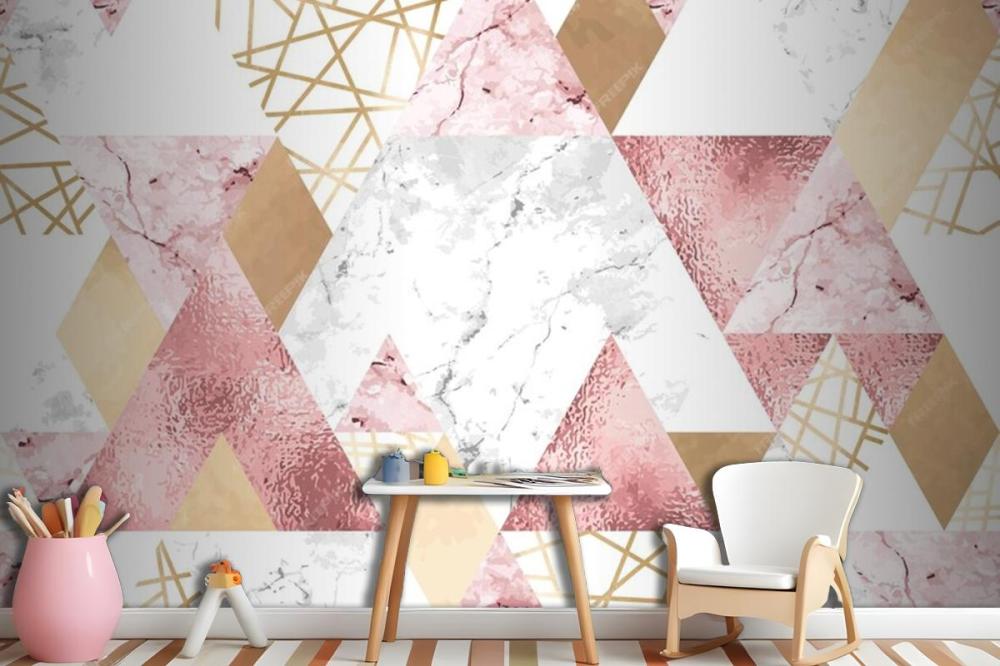 Seamless Geometric Pattern With Metallic Lines Rose Gold Gray And Pink Marble Triangles Wallpaper Mural