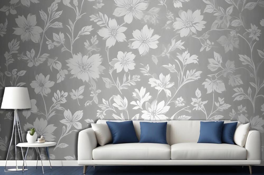Seamless Pattern Of White Floral Silhouettes On A Light Gray Wallpaper Mural