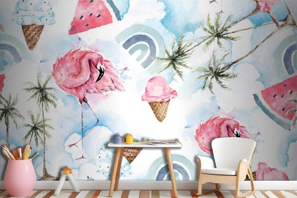 Seamless Pattern Palm Tree And Flamingo Wallpaper Mural