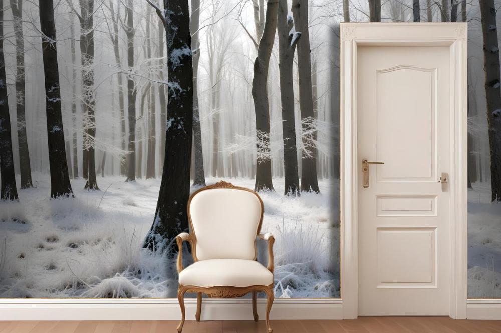 Snowy Forest With Tall Bare Trees And A Layer Of Frost Covering The Ground Wallpaper Mural