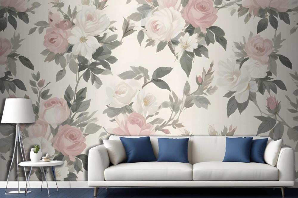 Soft Muted Floral Pattern Large Pink White Flowers Rose Green Leaves Wallpaper Mural