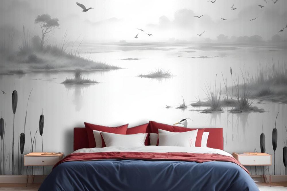 Traditional Chinese Black & White Ink Lake Wallpaper Mural
