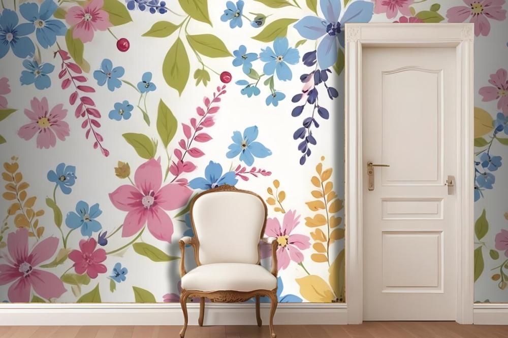 Various Flowers In Shades Of Pink Blue Yellow And Green Wallpaper Mural