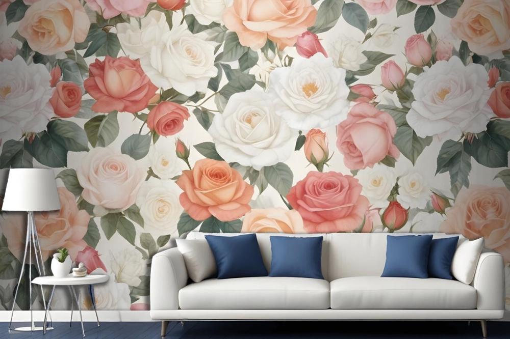 Vibrant Floral Pattern Featuring Various Types Of Pink, White, And Peach Roses Wallpaper Mural