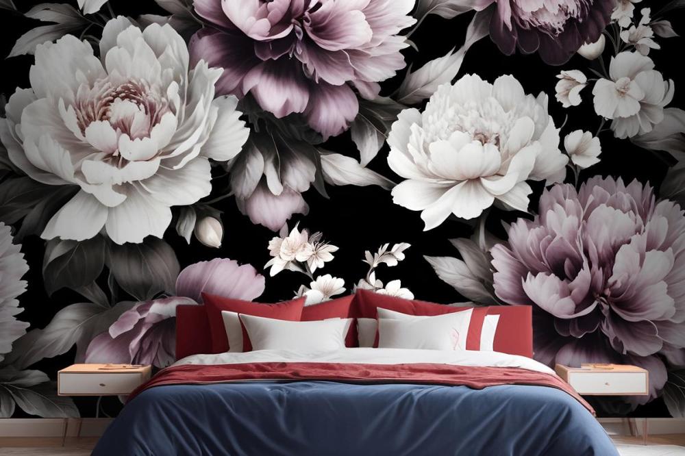 Vintage Dark Large Peony Flower  Bedroom Wallpaper Mural