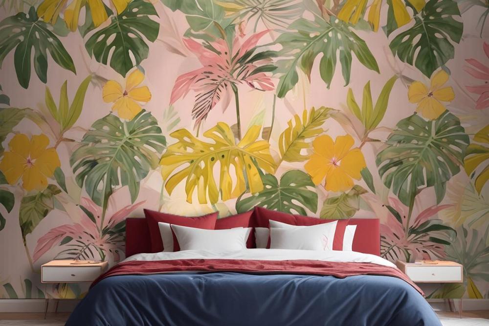 Watercolor Colorful Summer Tropical Leaf Wallpaper Mural