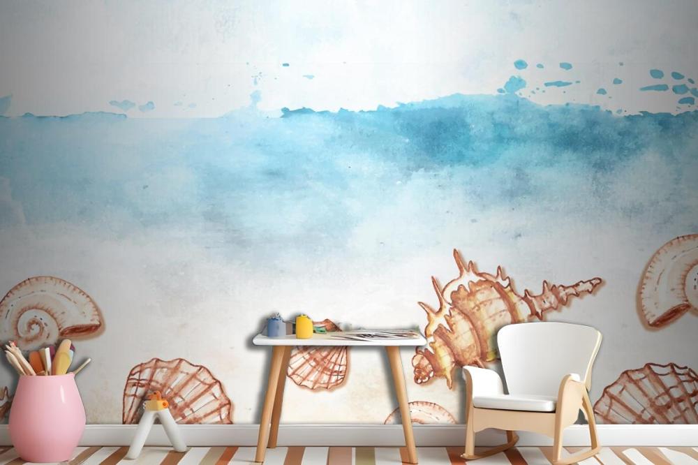 Watercolor Summer Background With Shells Wallpaper Mural