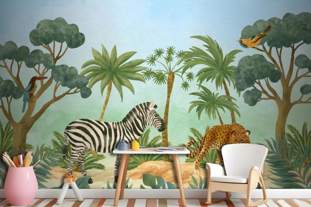 Watercolor Wildlife Background Kids Boy Wallpaper Mural