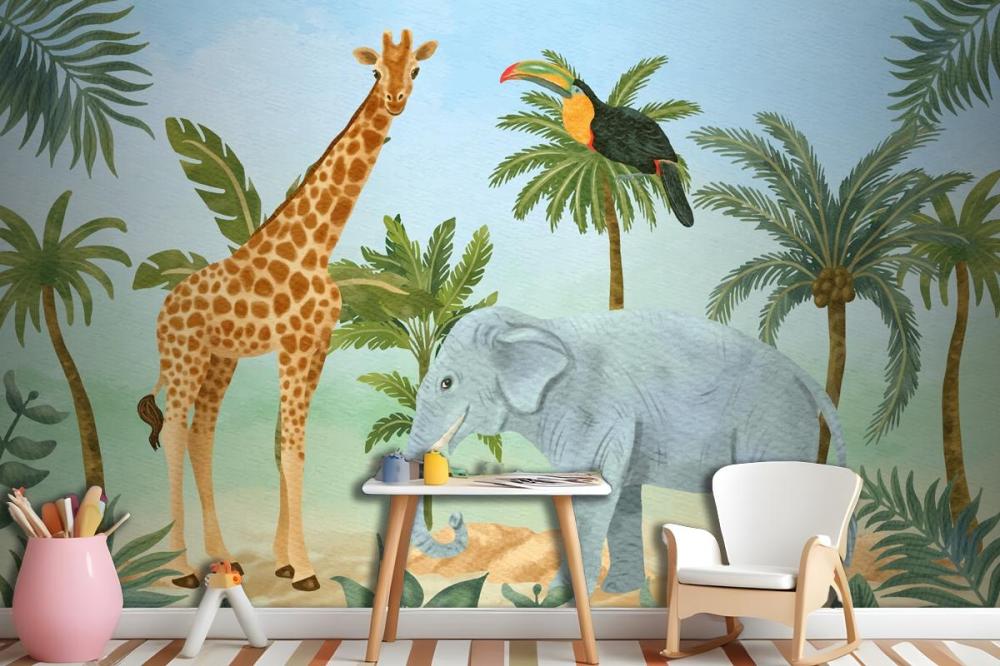 Watercolor Wildlife Background Kids Boys Wallpaper Mural