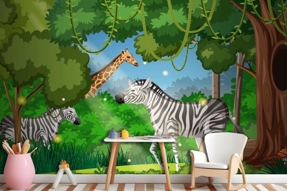 Wild Animals In Forest Landscape Wallpaper Mural