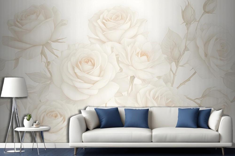 Yellow Large Illustrated Roses Wallpaper Mural