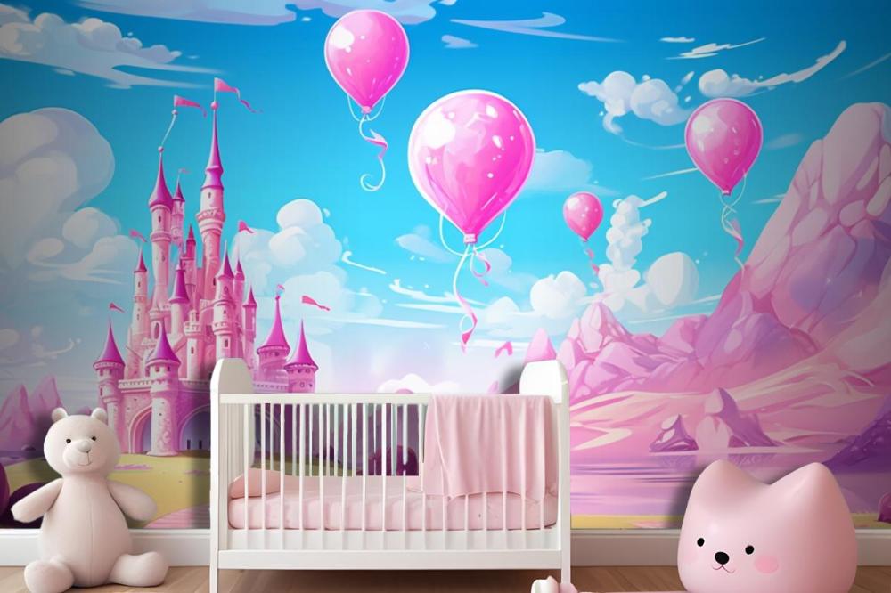A Castle With Balloons And A Castle In The Background Wallpaper Mural
