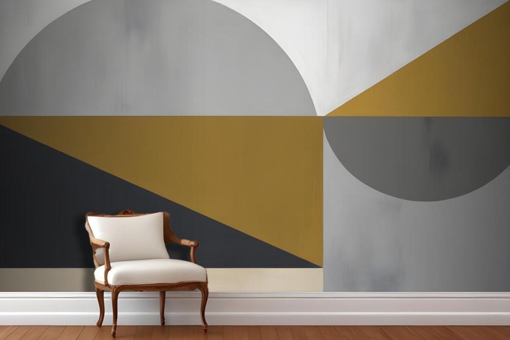 Abstract Geometric Shapes In Shades Of Gray Yellow And Black Wallpaper Mural