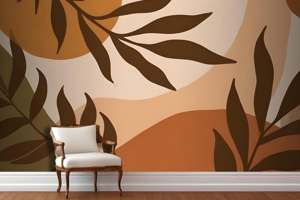 Autumn Leaves In Warm Colors Against A Beige Wallpaper Mural