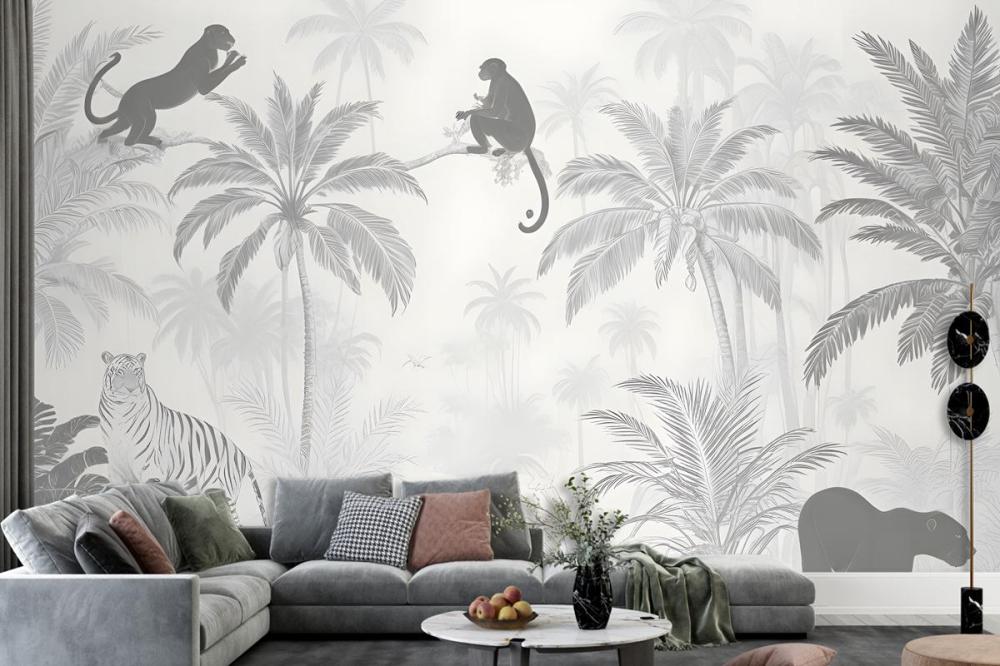 Black And White Jungle Palm Trees Flowers Animal Silhouettes Wallpaper Mural