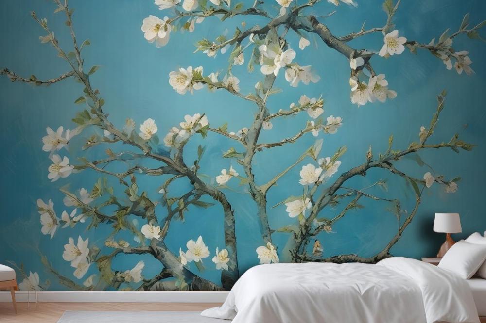 Blooming Almond Tree Branches Against A Blue Sky Wallpaper Mural