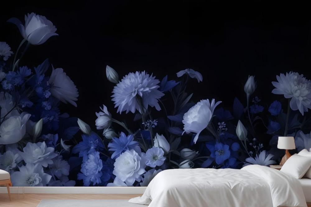 Blue Delft Dark Floral Art Painting Wallpaper Mural