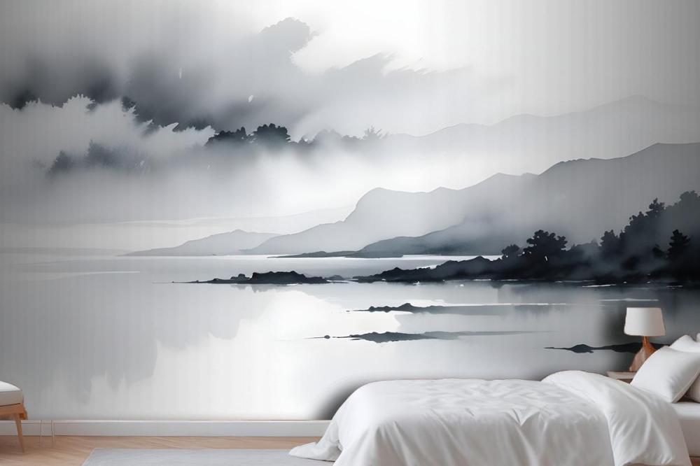 Blue Gray Watercolor Lake Landscape Wallpaper Mural