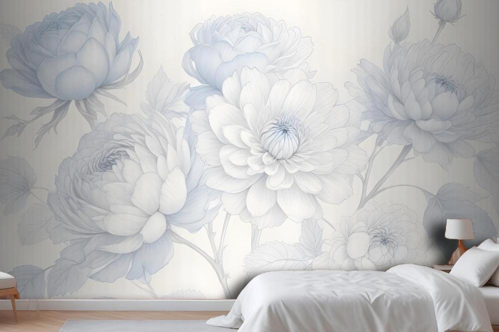 Blue Large Illustrated Roses Wallpaper Mural