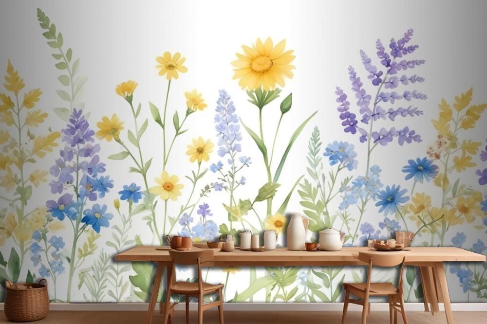 Bright Lilac & Green Watercolor Wildflower Wallpaper Mural