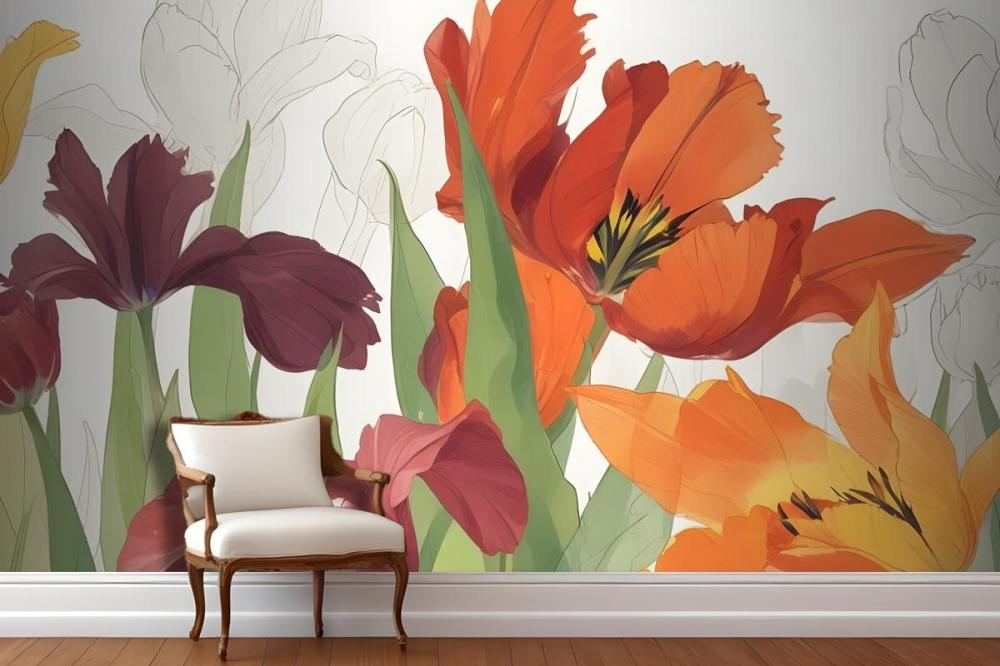 Closeup Orange And Red Tulips With Green Leaves Against A Light Wallpaper Mural