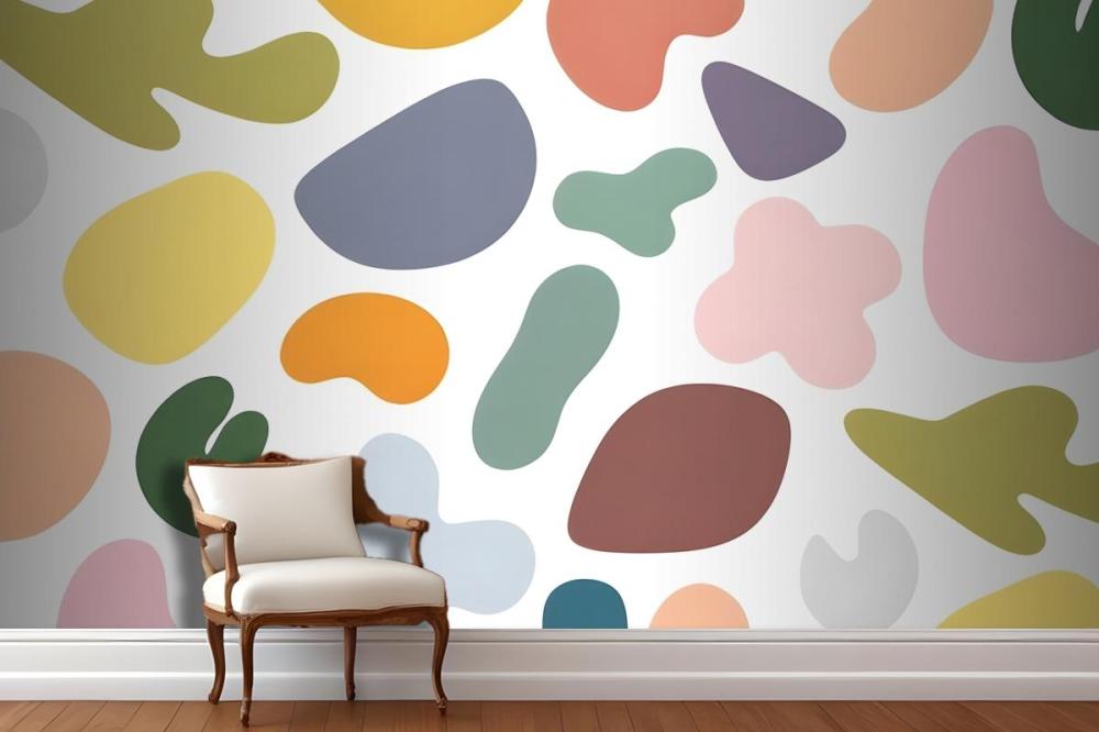 Colorful Abstract Shapes In Various Pastel Tones Including Circles Arranged In A Random Pattern On A White Wallpaper Mural