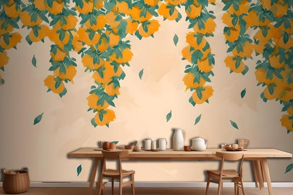 Cream & Orange Fruit Painterly Wallpaper Mural