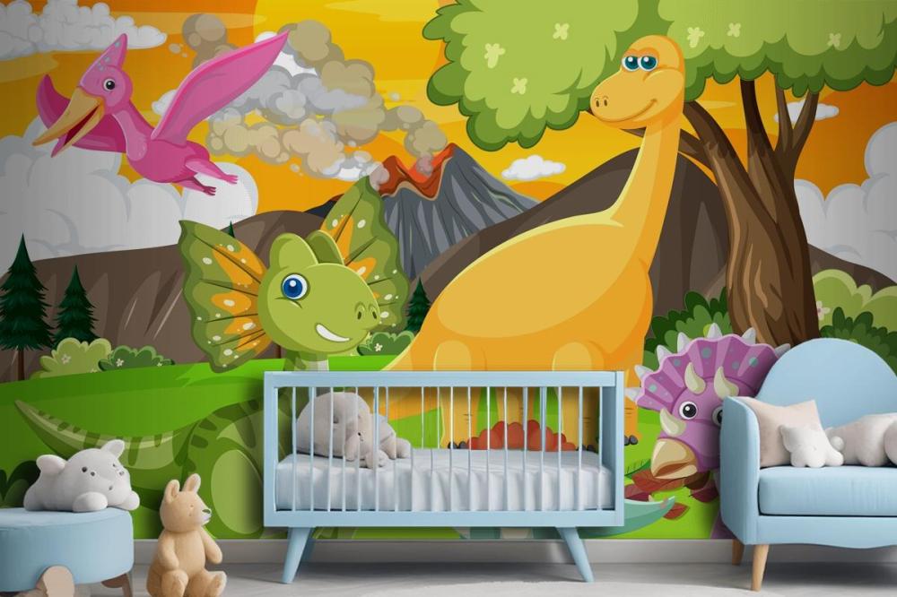 Cute Dinosaur Group In Forest Wallpaper Mural