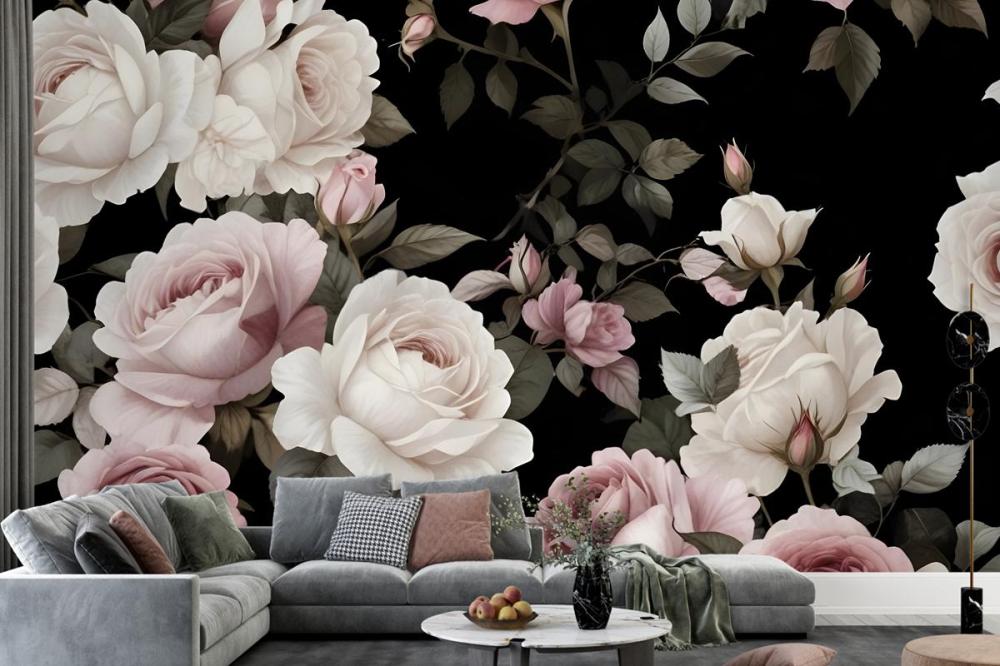 Dark Background Large Pink White Roses Green Leaves Wallpaper Mural