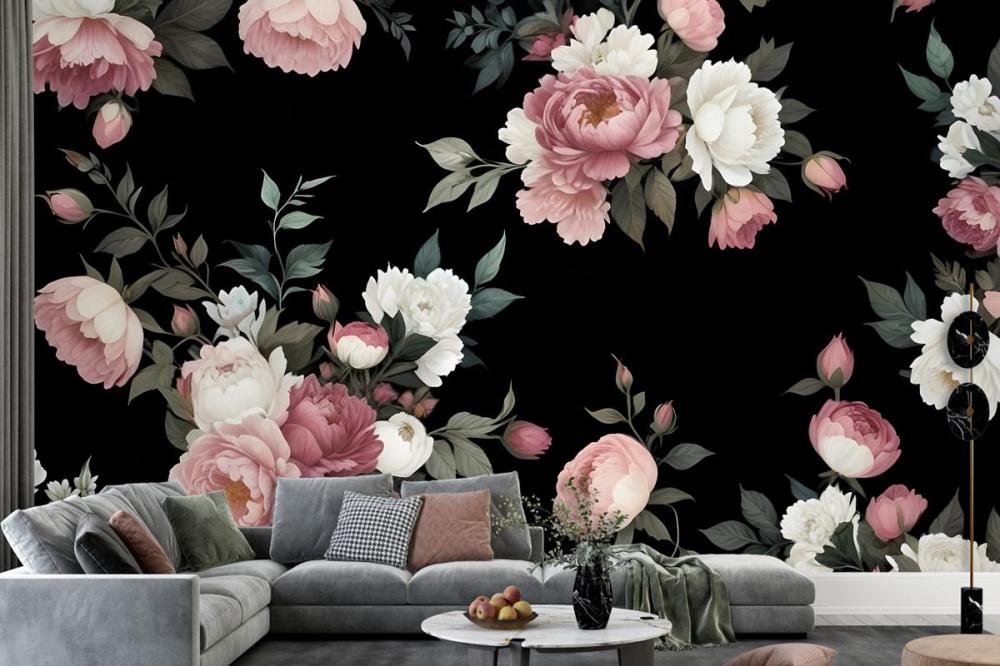 Dark Background Large Pink White Roses Peonies Other Flowers Wallpaper Mural