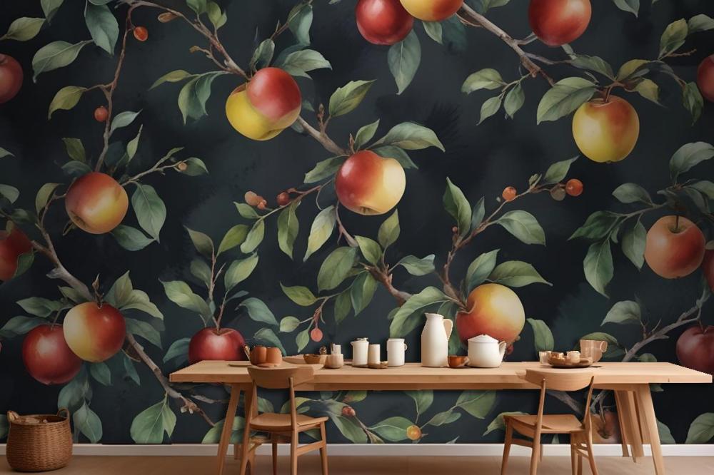 Dark Green And Navy Vintage Botanical Fruit Repeat Pattern Wallpaper