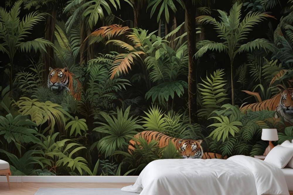 Dark Tropical Trees With Leopards Wallpaper Mural