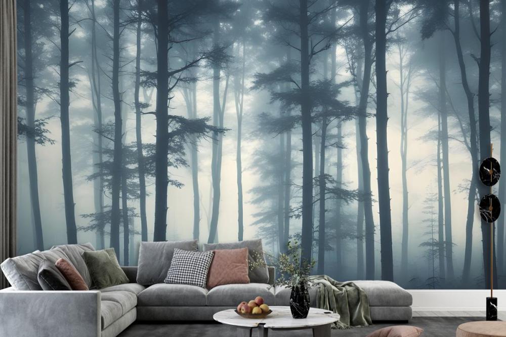 Dense Misty Forest With Tall Slender Trees And A Foggy Atmosphere Wallpaper Mural