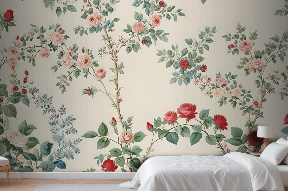 Detailed Floral Wallpaper Pattern Featuring Various Flowers And Plants Mural