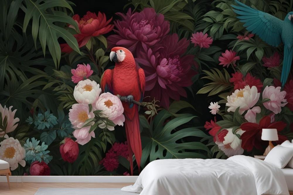 Digital Painting A Vibrant Tropical Floral Arrange Wallpaper Mural