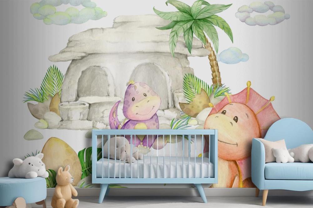 Dinosaurs A Stone House A Palm Tree Wallpaper Mural