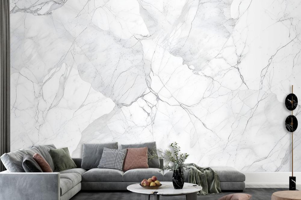 Elegant White Marble Texture With Intricate Gray Veining Wallpaper Mural